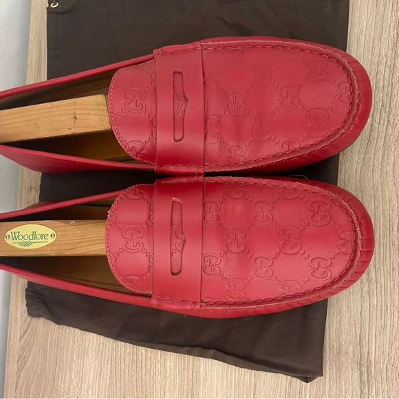 Gucci Red Leather Penny Loafers Logo Stamp rubber sole Men's Size 9.5 G - Picture 5 of 9